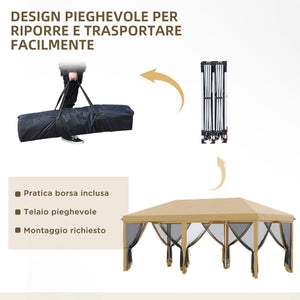 Gazebo da Giardino 6x3m Pieghevole con Zanzariera Altezza Regolabile e Borsa di Trasporto Beige