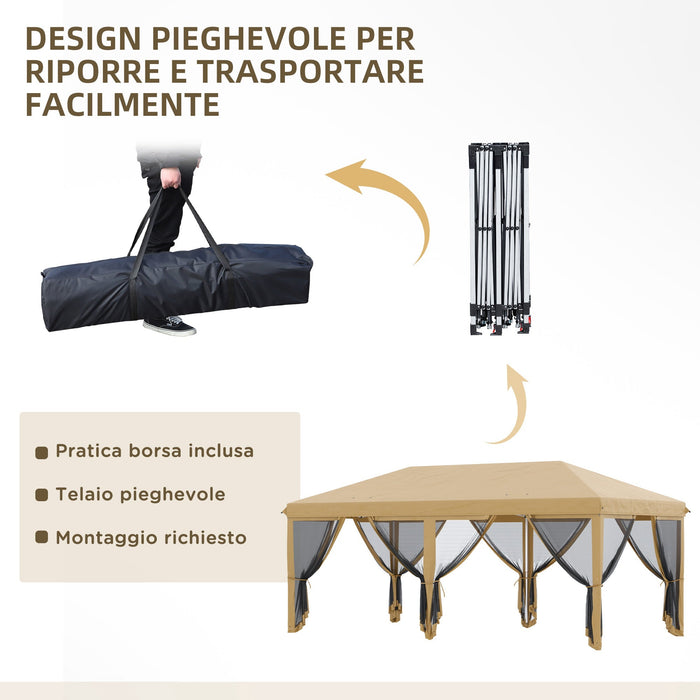 Gazebo da Giardino 6x3m Pieghevole con Zanzariera Altezza Regolabile e Borsa di Trasporto Beige