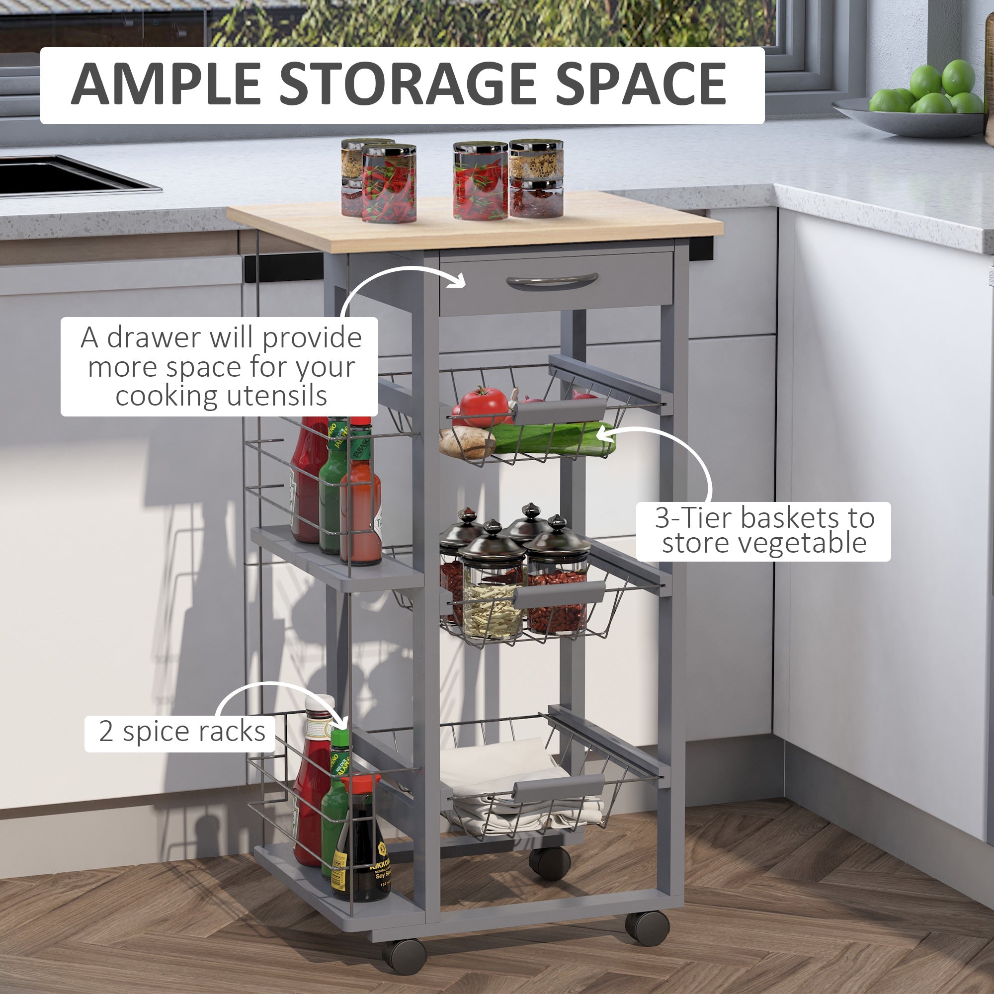 Carrello da Cucina 47x37x83 cm in Legno di Pino e Metallo Rovere e Grigio