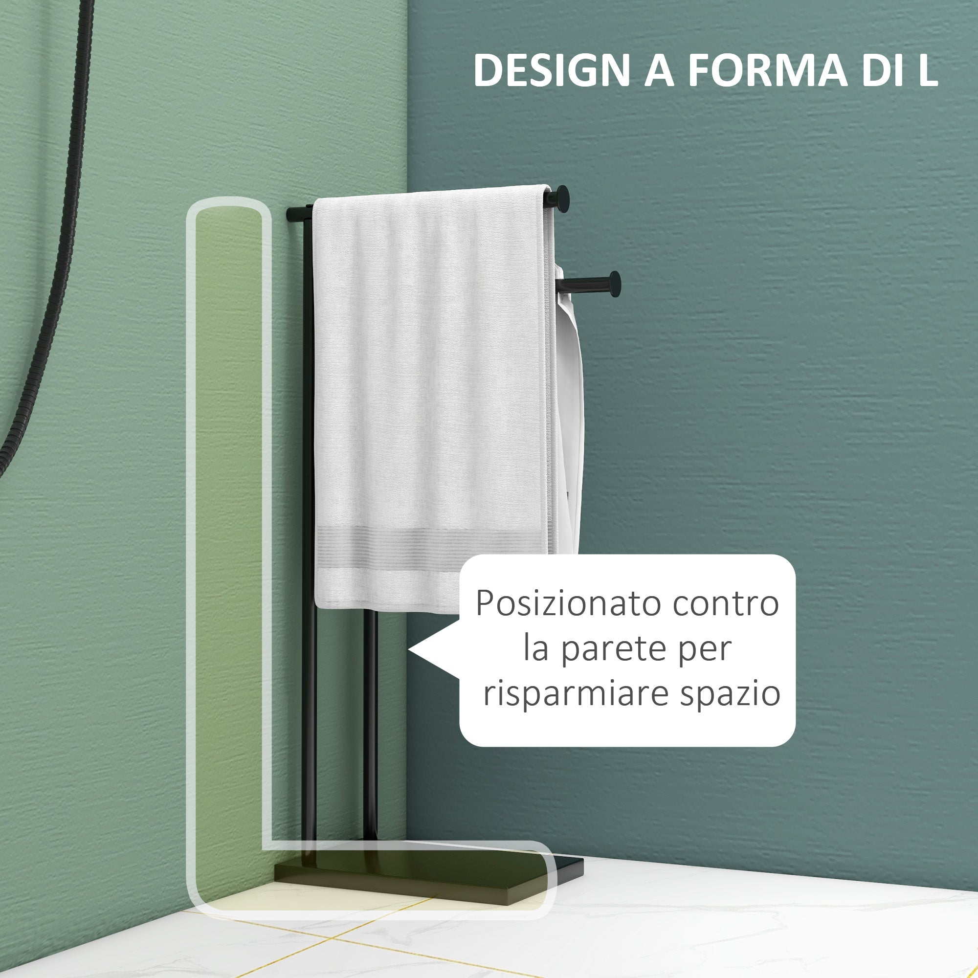 Piantana Portasciugamani da Bagno da Terra Autoportante 2 Bracci in Metallo 35,5x20x78 cm Nero