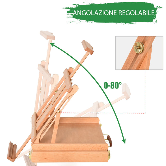 Cavalletto per Pittura da Tavolo Altezza e Angolazione Regolabile 42x36x12,5 cm in Legno di Faggio Naturale