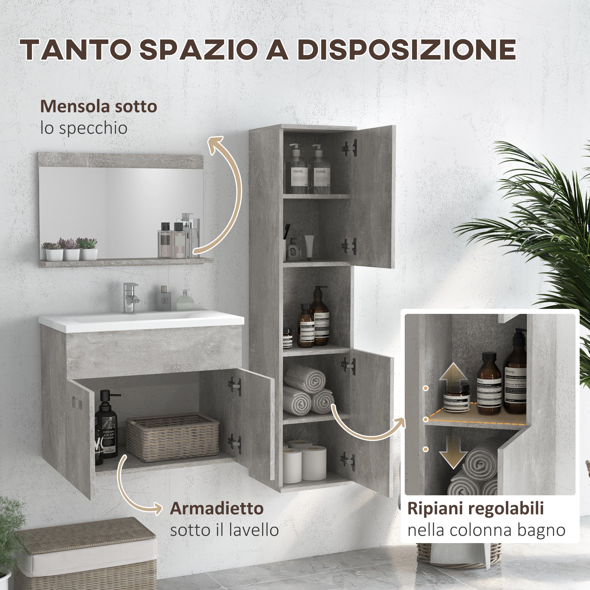 Mobile Bagno Sospeso 60 cm Lavabo Specchio e 1 Pensile Grigio