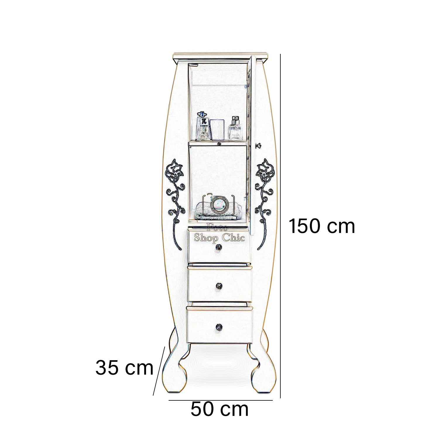 Colonna da bagno multiuso in legno avorio con decorazioni