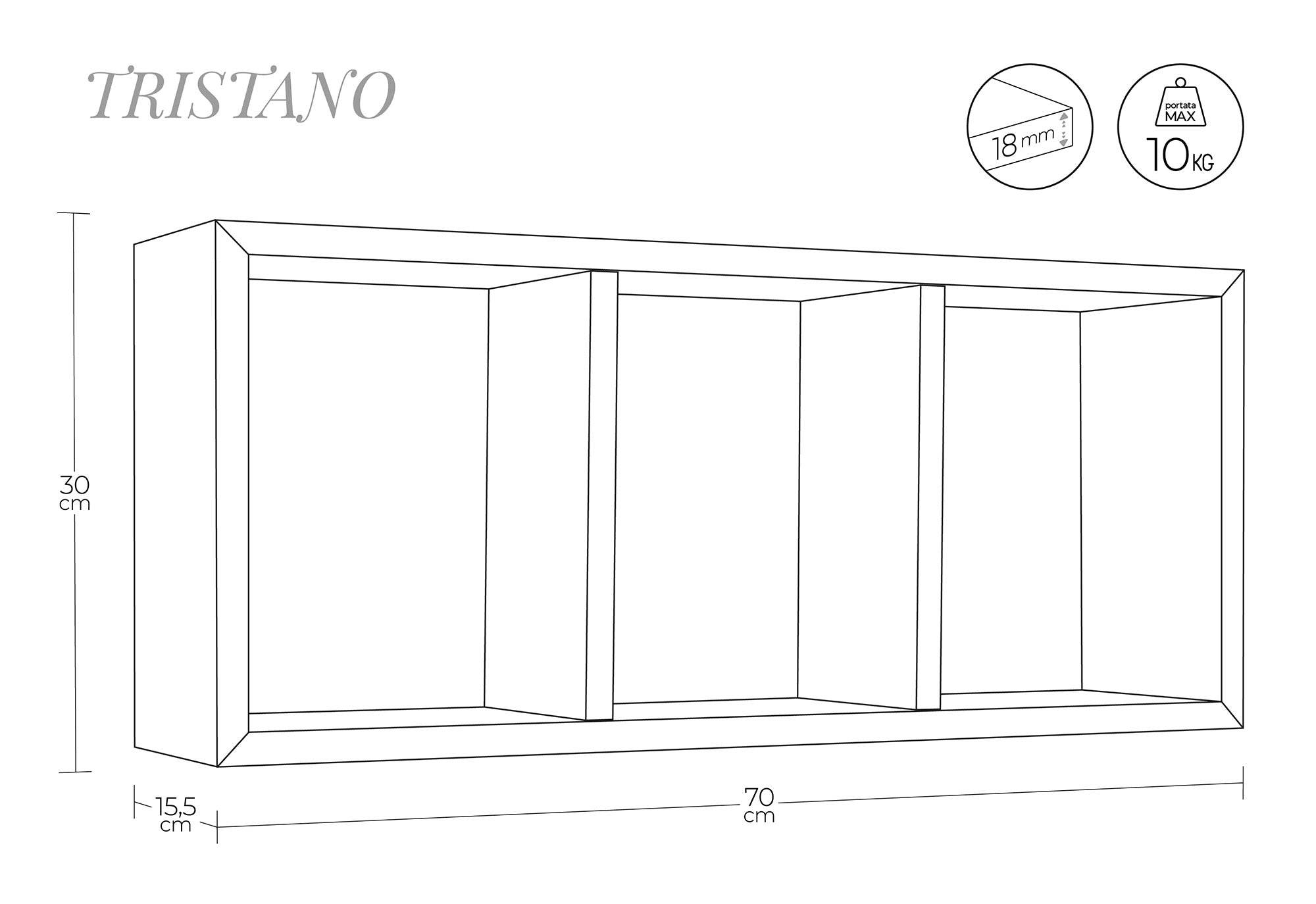 Mensola Rettangolare 3 Scomparti da Parete 70x30x15.5 cm in Fibra di Legno Tristano Verde Acqua Marina