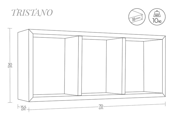 Mensola Rettangolare 3 Scomparti da Parete 70x30x15.5 cm in Fibra di Legno Tristano Verde Acqua Marina