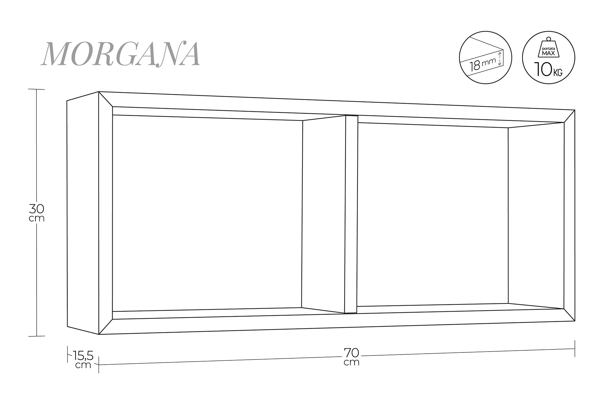 Mensola Rettangolare 2 Scomparti da Parete 70x30x15,5 cm in Fibra di Legno Morgana Grigio Sasso