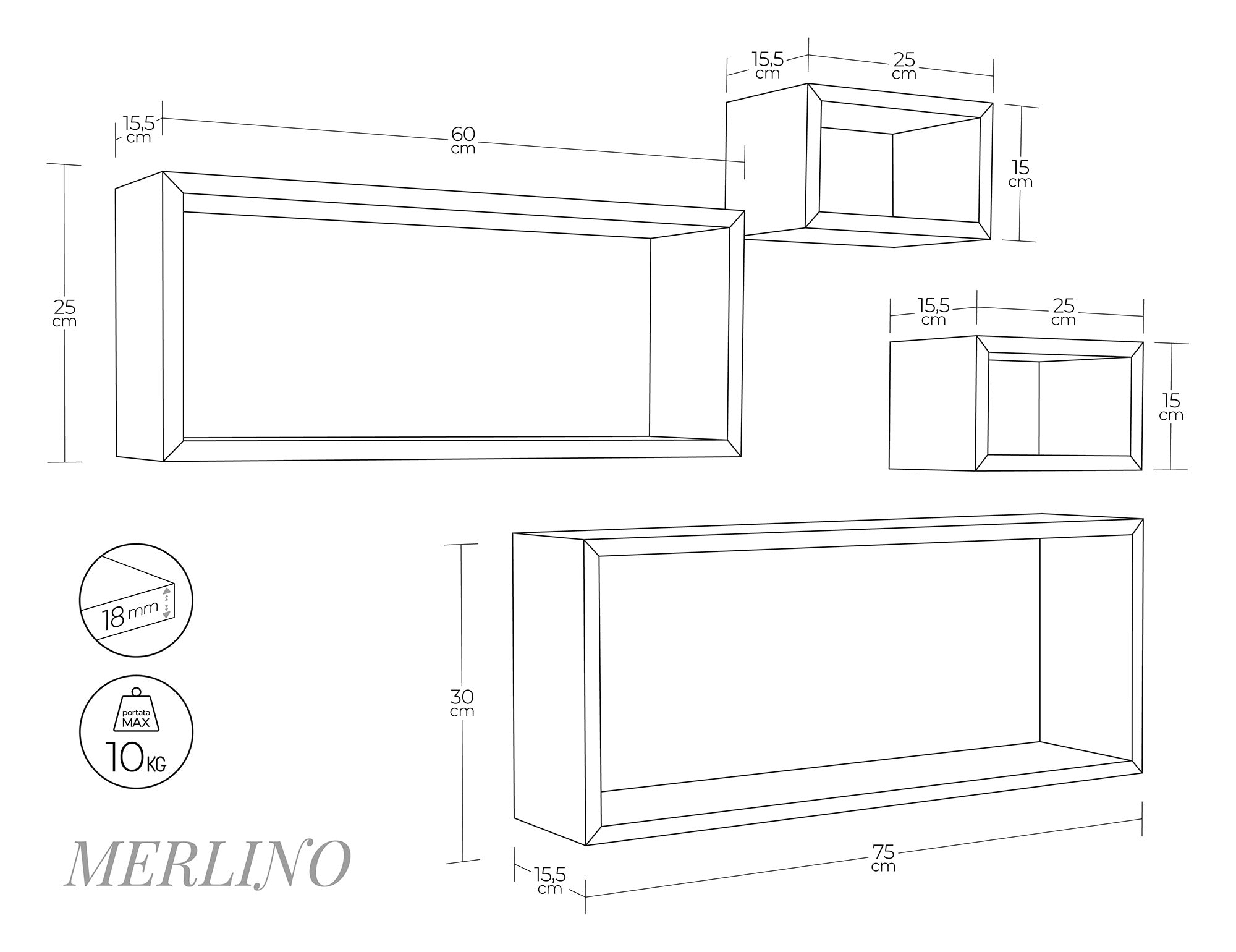 Set 3 Mensole Cubo da Parete Quadrato e Rettangolare in Fibra di Legno Merlino Marrone Talpa