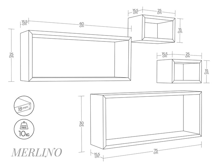 Set 3 Mensole Cubo da Parete Quadrato e Rettangolare in Fibra di Legno Merlino Rovere Imperiale