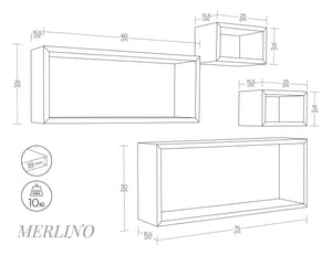 Set 3 Mensole Cubo da Parete Quadrato e Rettangolare in Fibra di Legno Merlino Noce Segato