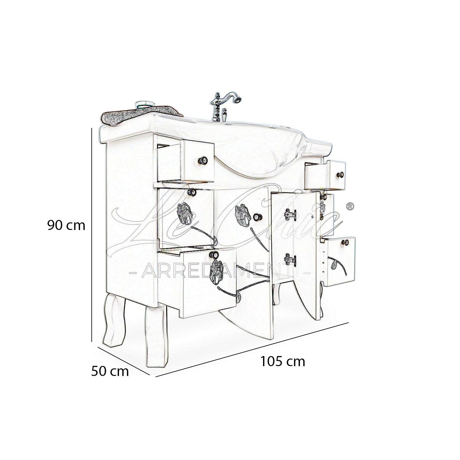 Arredo bagno contemporaneo con frontale decorato e specchio led