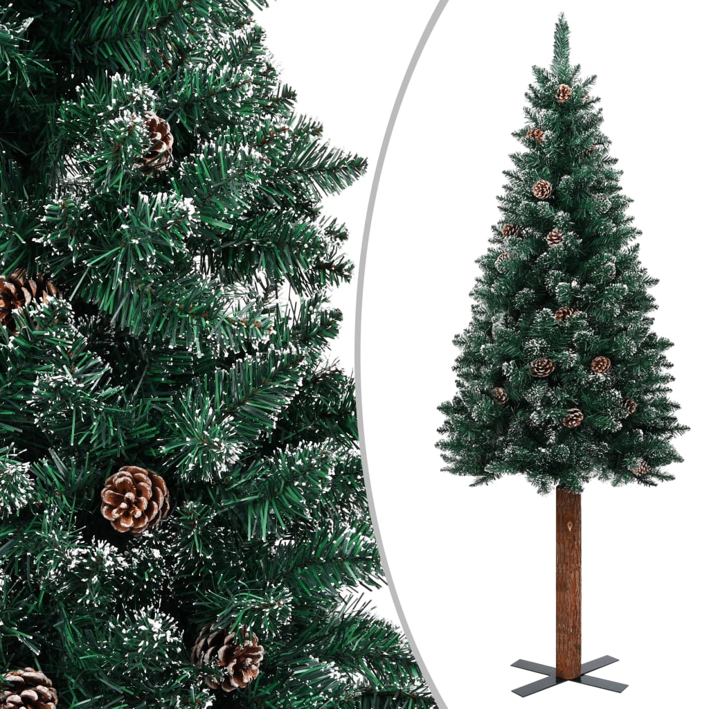 Albero di Natale Sottile Legno Vero Verde con Neve Bianca 150cm