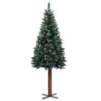 Albero di Natale Sottile Legno Vero Verde con Neve Bianca 150cm