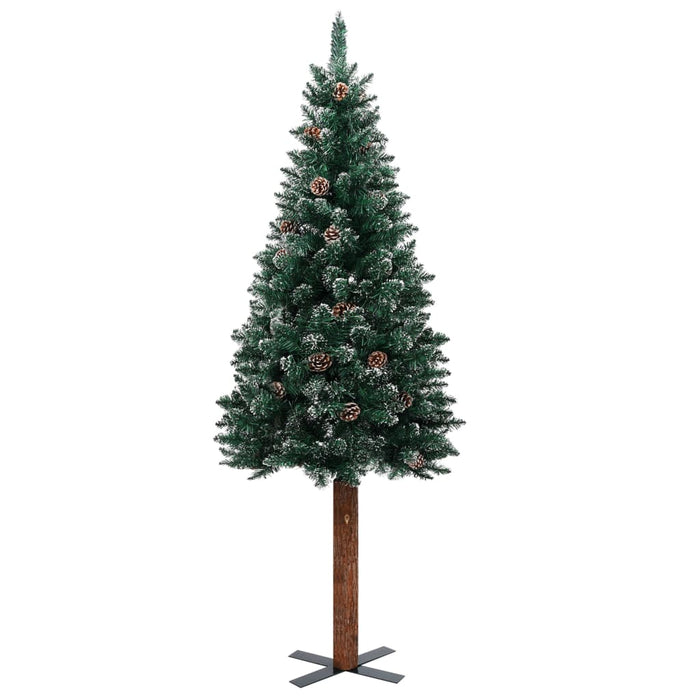 Albero di Natale Sottile Legno Vero Verde con Neve Bianca 150cm