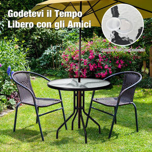 Tavolo da Patio da 70 cm, Tavolino Rotondo da Giardino in Vetro Temperato, con Gambe in Metallo, Foro per Ombrellone, per Giardino, Balcone, Fino a 50 kg, 70 x 70 x 71 cm