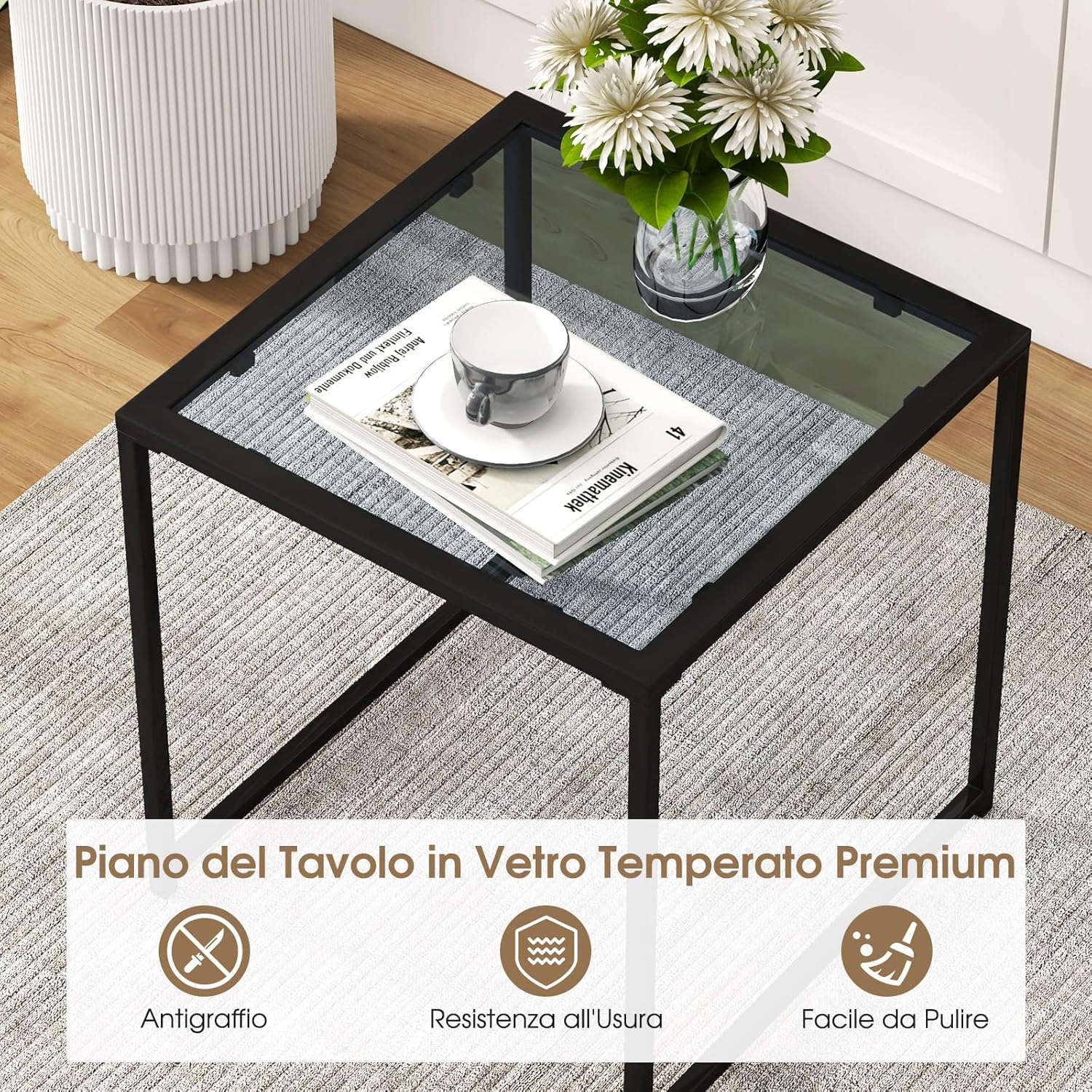 Tavolino da Esterno Quadrato 43cm, Tavolino da Giardino con Piano in Vetro Temperato e Struttura in Metallo, Tavolino da Caffè per Interni ed Esterni, 43 x 43 x 45 cm