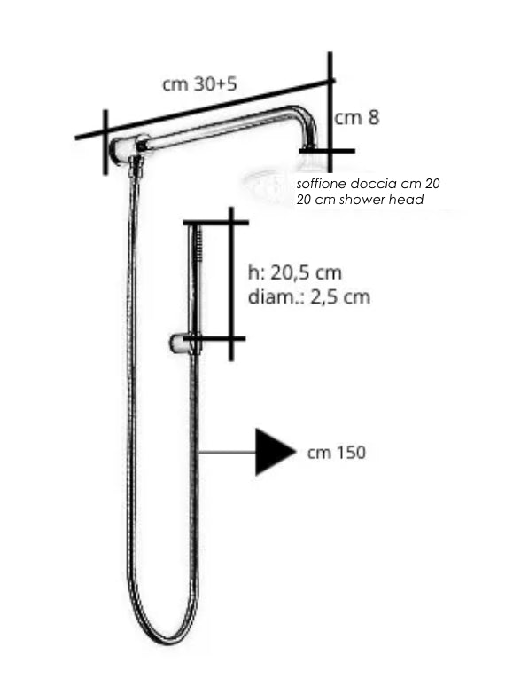 Kit set doccia deviatore a pressione con doccetta tonda, soffione 20 cm