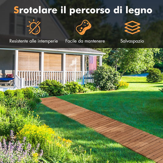 Passerella Arrotolabile per Giardino, Vialetto con Filo di Ferro e Consistenza Antiscivolo Resistente alle Intemperie, Percorso in Legno per Cortile e Spiaggia (245 x 55 x 2 cm)