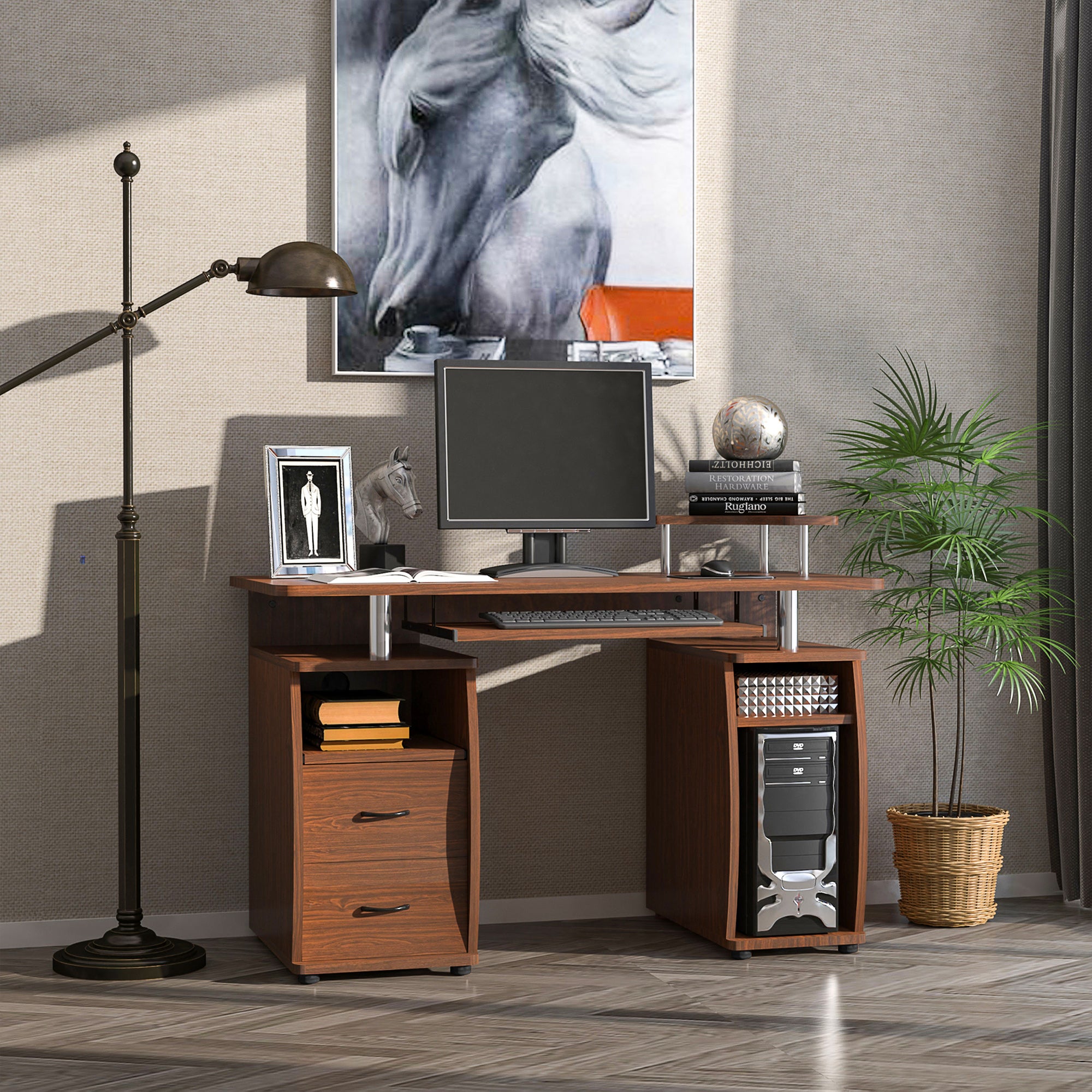 EasyComfort Scrivania per Computer Moderna Porta PC in Legno con Cassetti, Scrivania Salvaspazio Con Libreria, Mensola Estraibile e Porta Tastiera, 120x55x85cm, Marrone