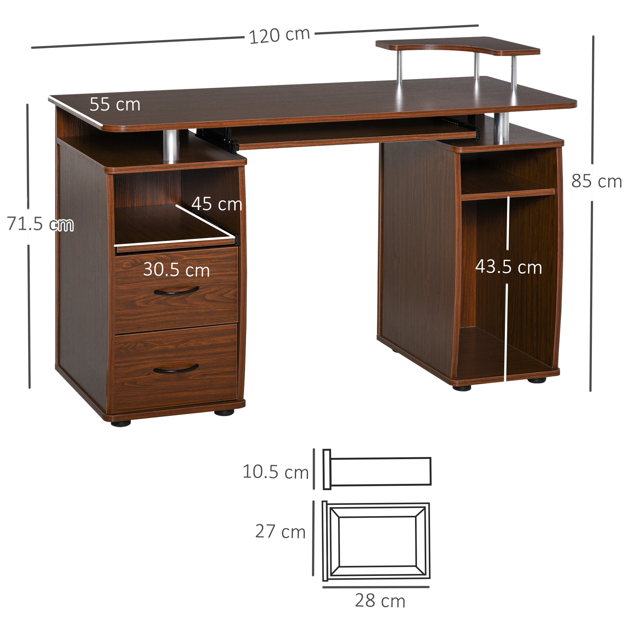 EasyComfort Scrivania per Computer Moderna Porta PC in Legno con Cassetti, Scrivania Salvaspazio Con Libreria, Mensola Estraibile e Porta Tastiera, 120x55x85cm, Marrone