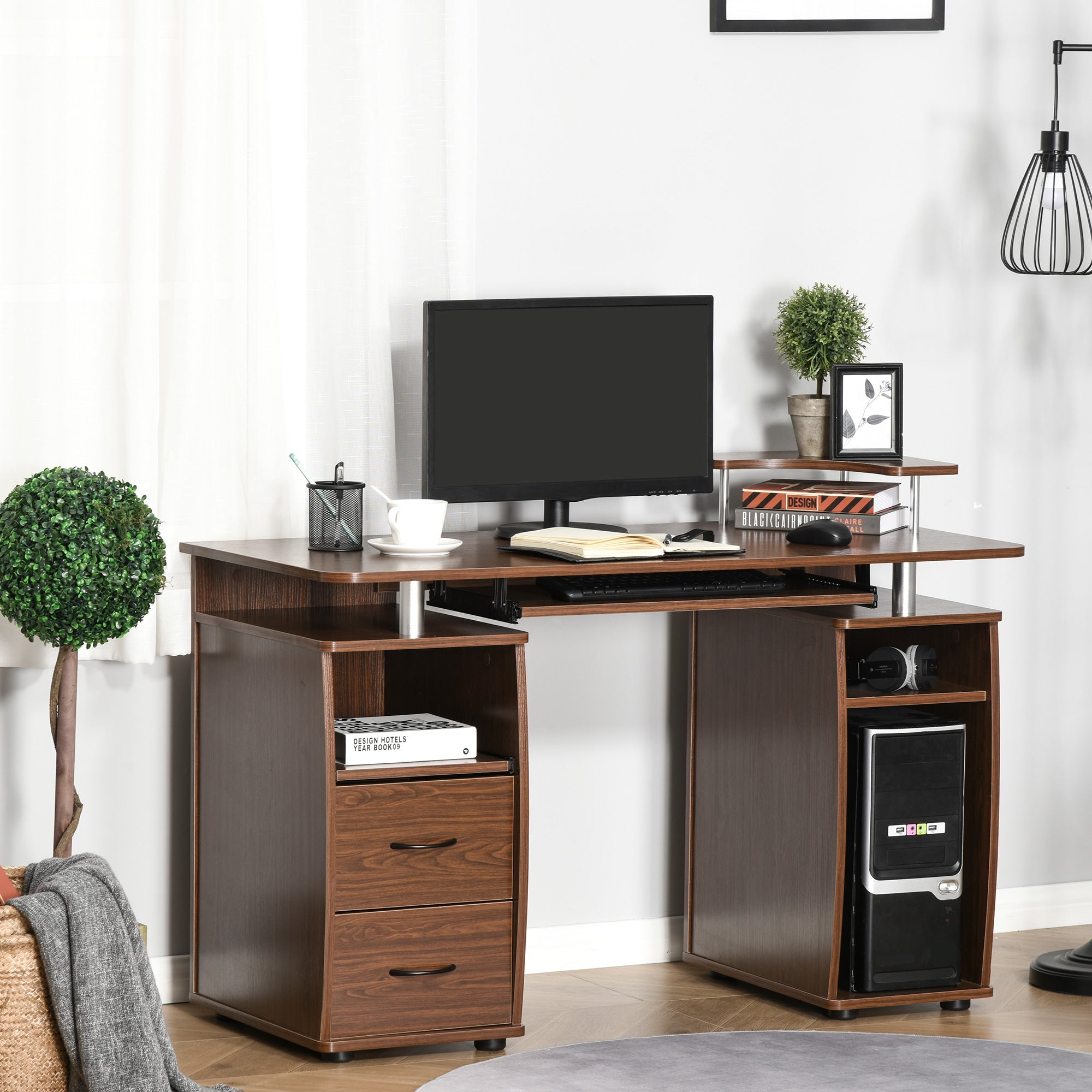 EasyComfort Scrivania per Computer Moderna Porta PC in Legno con Cassetti, Scrivania Salvaspazio Con Libreria, Mensola Estraibile e Porta Tastiera, 120x55x85cm, Marrone