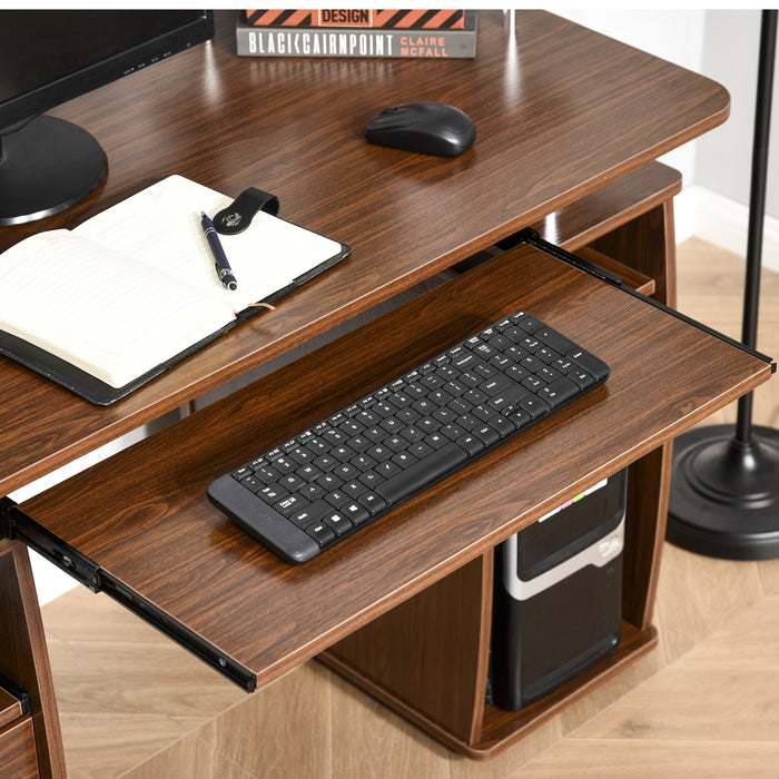 EasyComfort Scrivania per Computer Moderna Porta PC in Legno con Cassetti, Scrivania Salvaspazio Con Libreria, Mensola Estraibile e Porta Tastiera, 120x55x85cm, Marrone