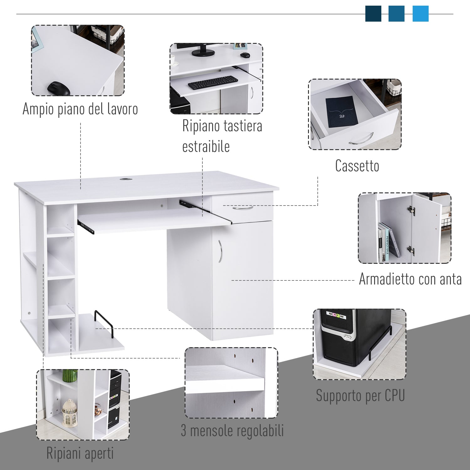 EasyComfort Scrivania per PC Ergonomica con Mensole, Armadietto, Cassetto e Piano Tastiera Estraibile, Bianca, 120x60x74cm