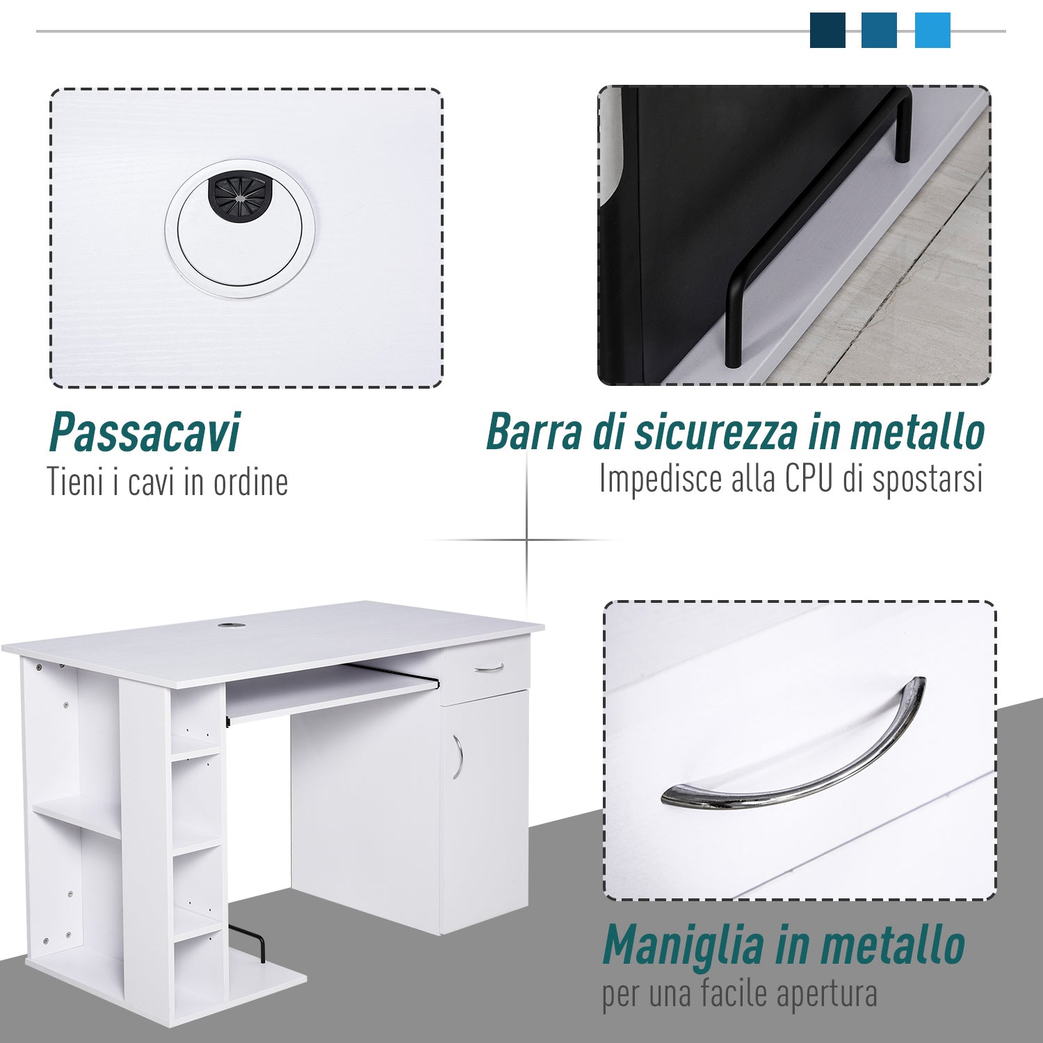 EasyComfort Scrivania per PC Ergonomica con Mensole, Armadietto, Cassetto e Piano Tastiera Estraibile, Bianca, 120x60x74cm