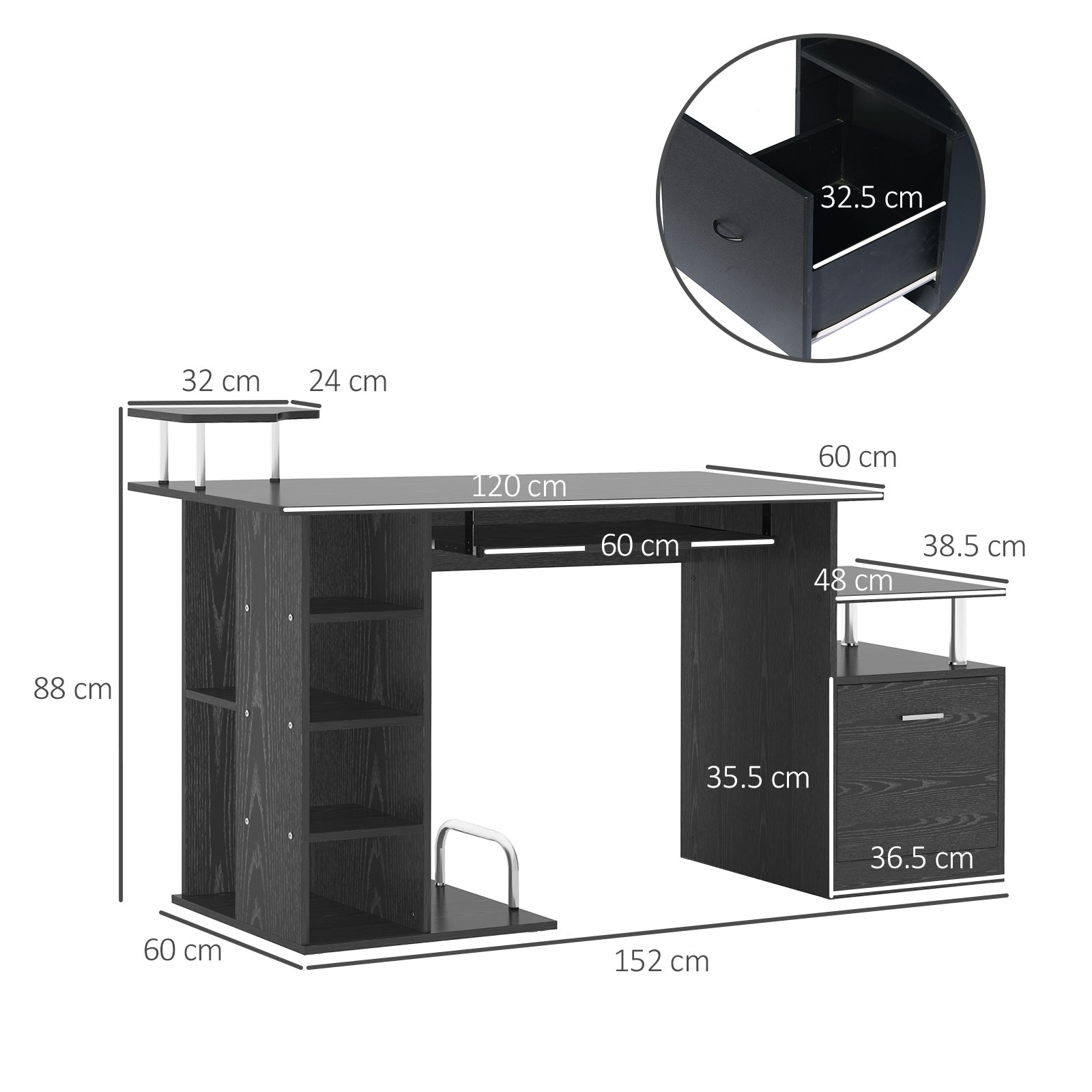 EasyComfort Scrivania per Computer Moderna con Cassetti, Ripiani e Tastiera Estraibile, Scrivania da Ufficio per Casa in Legno Nero 152x60x88cm