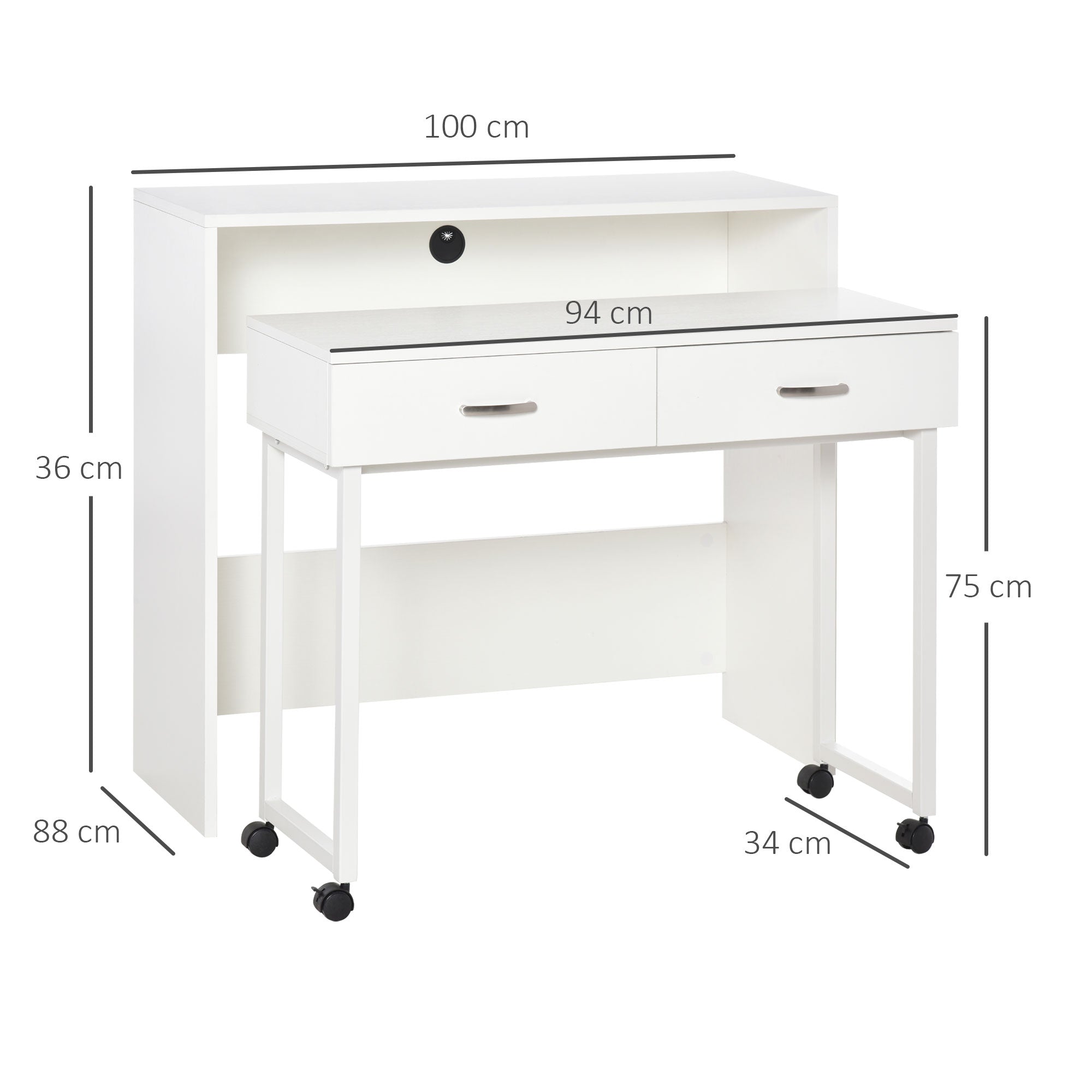 EasyComfort Tavolo Scrivania Salvaspazio per Camera e Ufficio, Scrivania con Cassetti e Ruote, Postazione di Lavoro Doppia o Singola, 100x36x88cm, Bianco