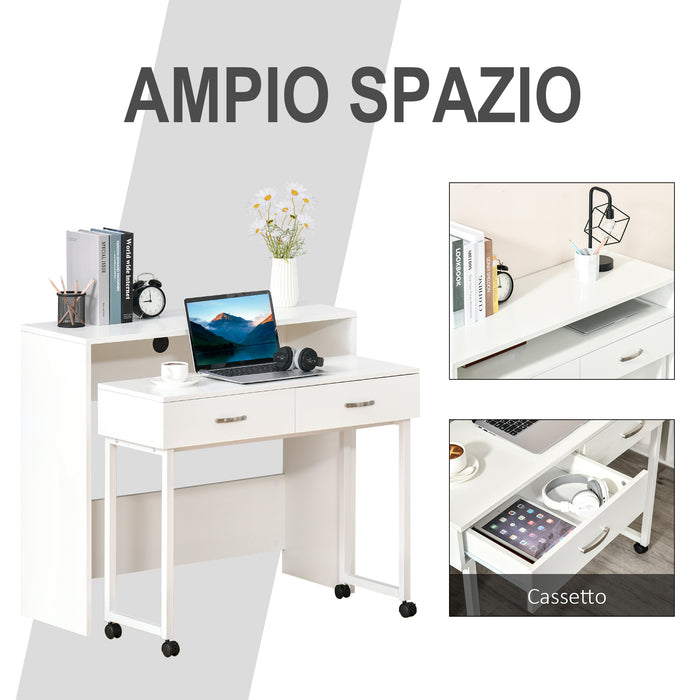 EasyComfort Tavolo Scrivania Salvaspazio per Camera e Ufficio, Scrivania con Cassetti e Ruote, Postazione di Lavoro Doppia o Singola, 100x36x88cm, Bianco