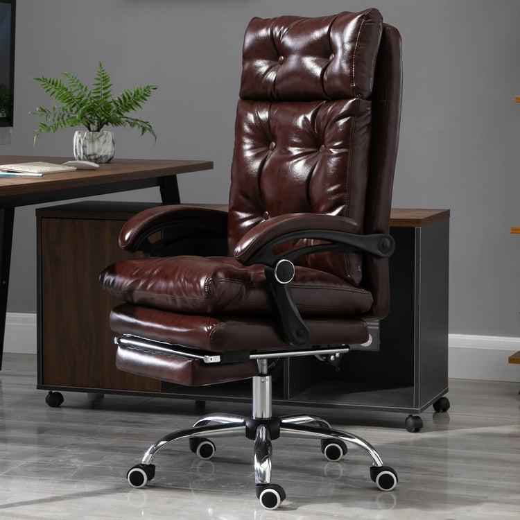 EasyComfort Poltrona Ufficio Presidenziale Similpelle Marrone Stile Chesterfield, Schienale Reclinabile 135° e Poggiapiedi