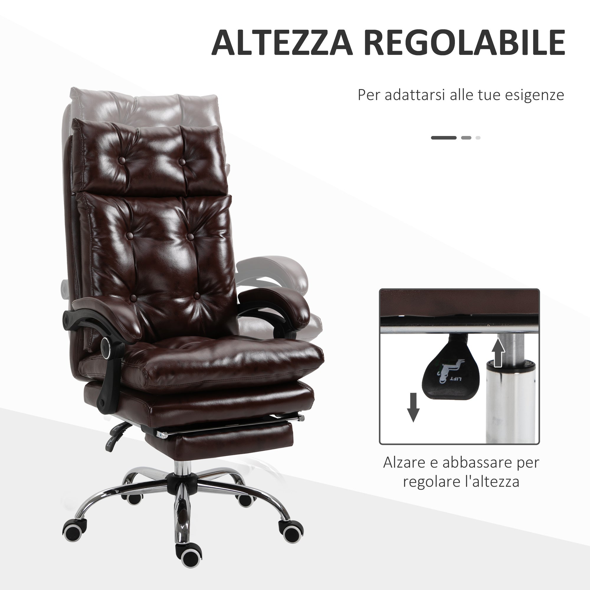 EasyComfort Poltrona Ufficio Presidenziale Similpelle Marrone Stile Chesterfield, Schienale Reclinabile 135° e Poggiapiedi