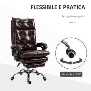 EasyComfort Poltrona Ufficio Presidenziale Similpelle Marrone Stile Chesterfield, Schienale Reclinabile 135° e Poggiapiedi