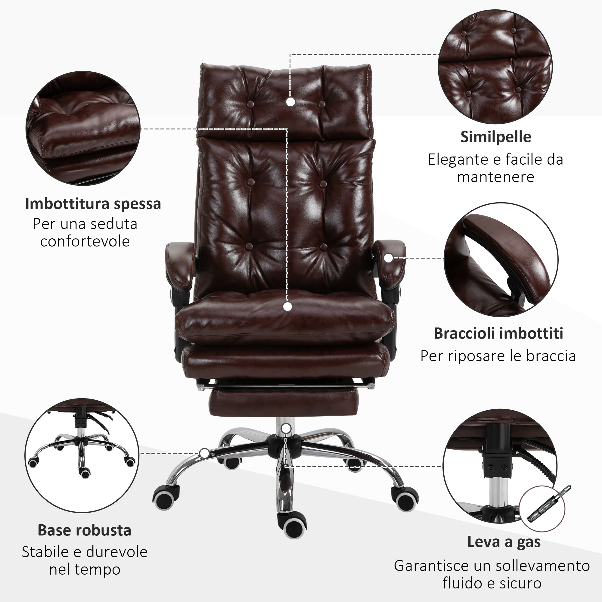 EasyComfort Poltrona Ufficio Presidenziale Similpelle Marrone Stile Chesterfield, Schienale Reclinabile 135° e Poggiapiedi