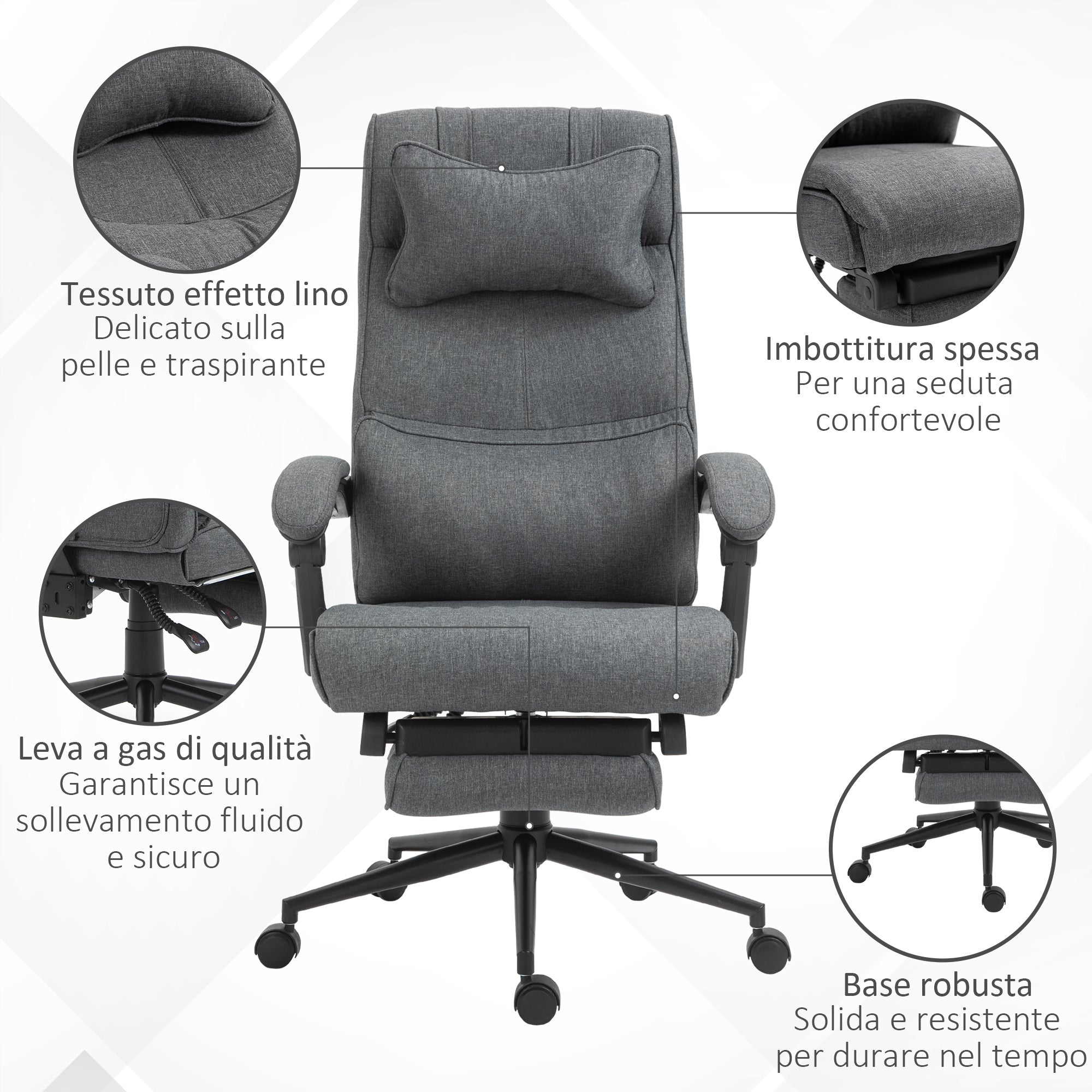 EASYCOMFORT  Sedia da Ufficio Ergonomica ad Altezza Regolabile con Braccioli e Poggiapiedi, 66x70x115-123 cm, Grigia