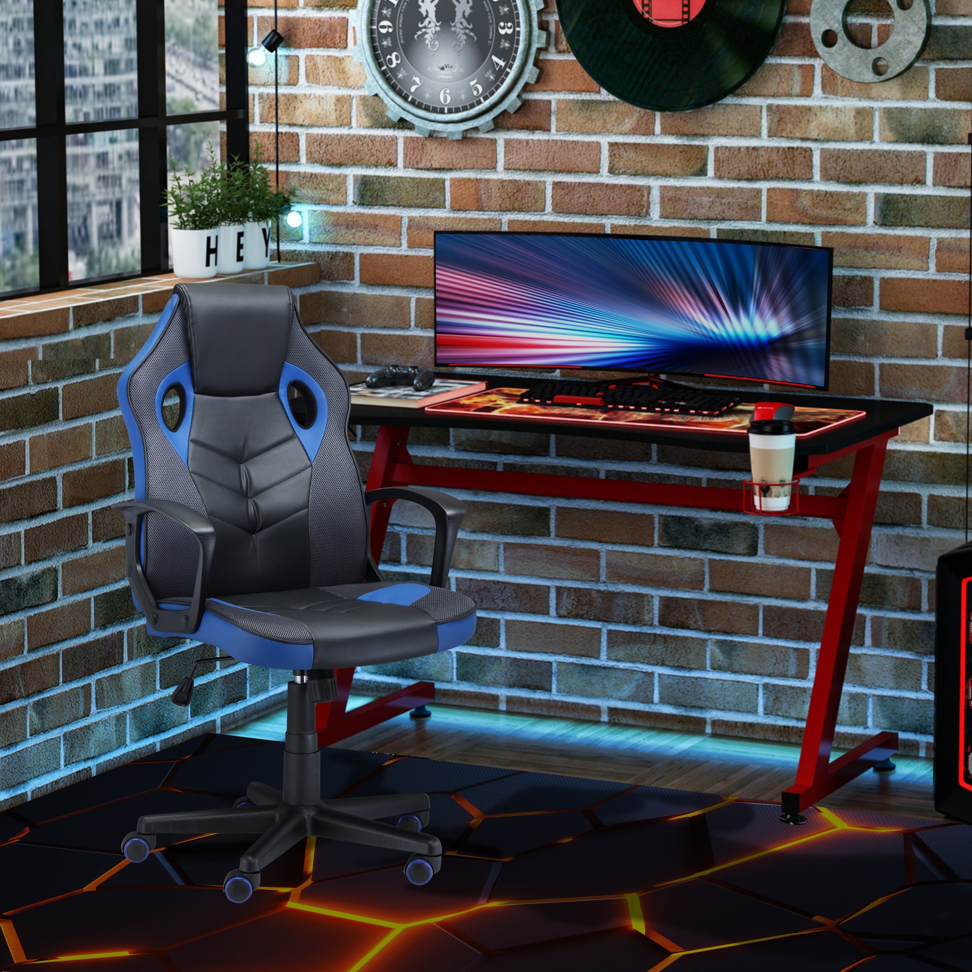 Easycomfort Sedia Gaming Ergonomica, Poltrona da Ufficio Girevole con Rotelle in Pelle PU Nera e Blu, Altezza Regolabile