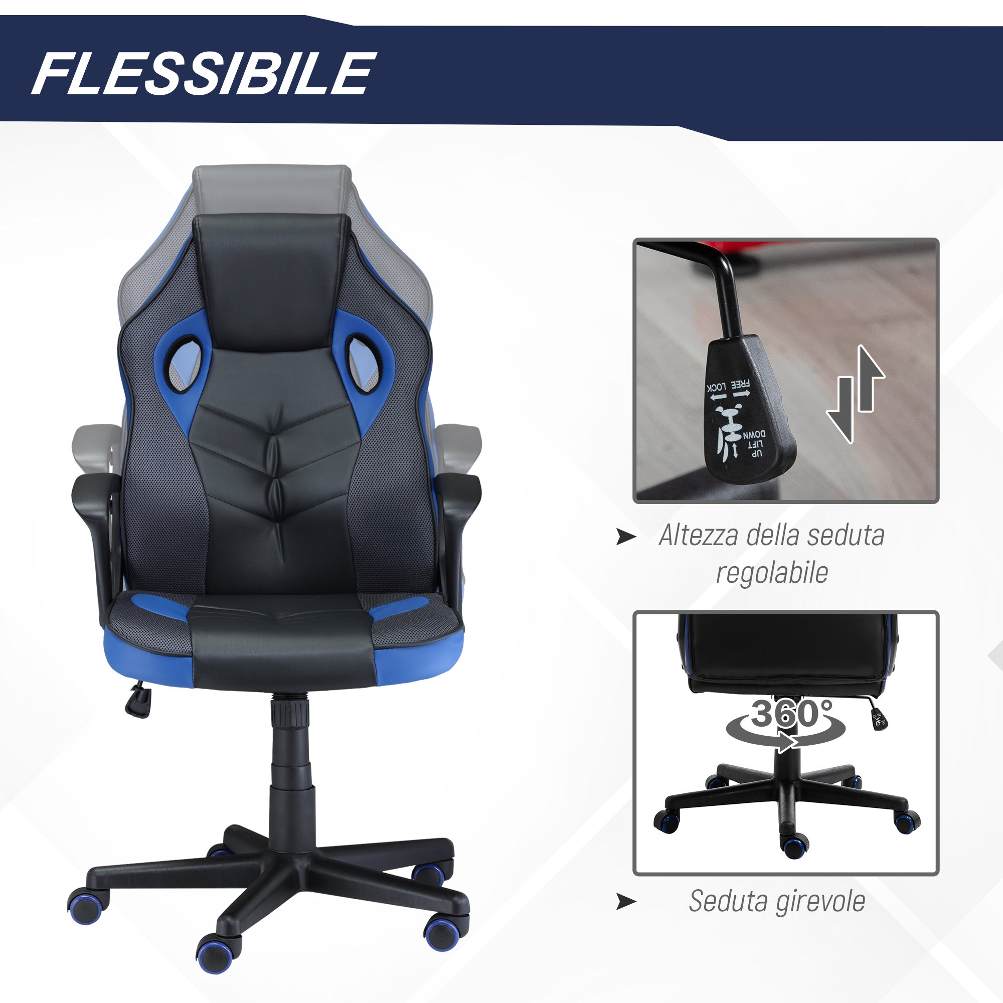 Easycomfort Sedia Gaming Ergonomica, Poltrona da Ufficio Girevole con Rotelle in Pelle PU Nera e Blu, Altezza Regolabile