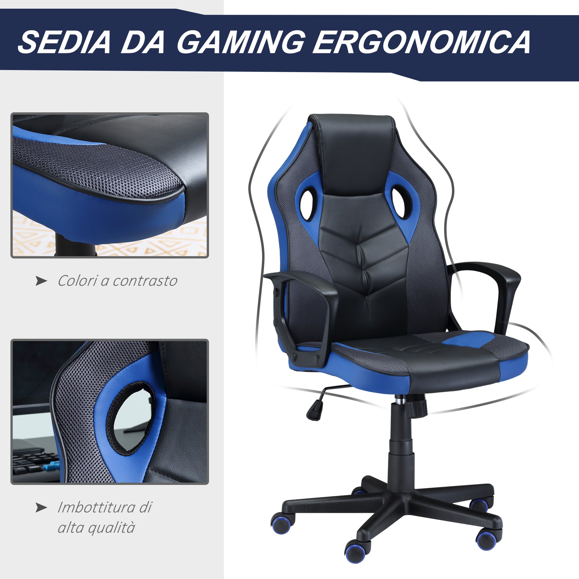 Easycomfort Sedia Gaming Ergonomica, Poltrona da Ufficio Girevole con Rotelle in Pelle PU Nera e Blu, Altezza Regolabile