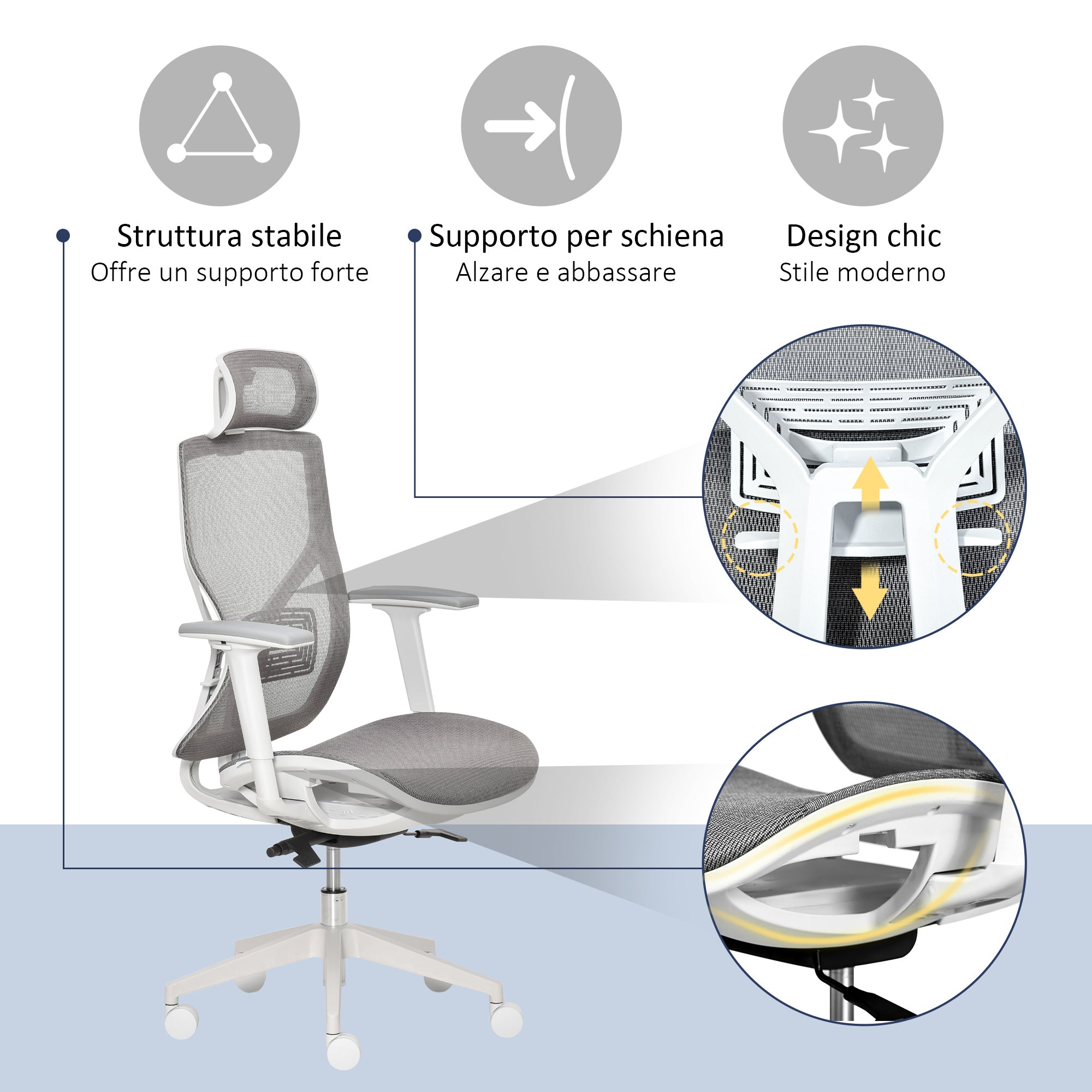 EASYCOMFORT  Sedia Ergonomica da Altezza e inclinazione Regolabili con Braccioli Regolabili- Grigio