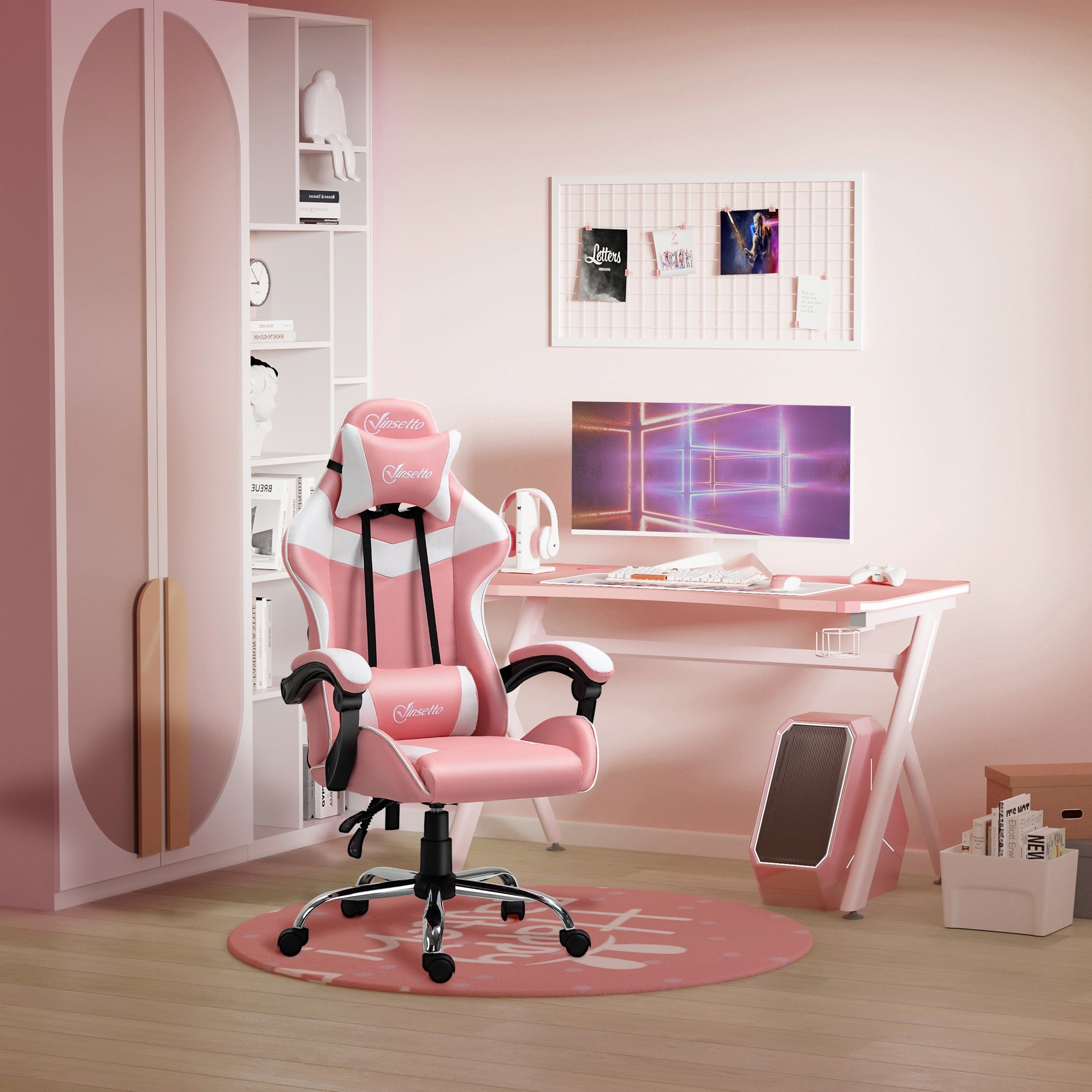 Easycomfort Sedia da Gaming Ergonomica con Poggiatesta, Altezza Regolabile e Reclinabile, Poltrona Girevole con Ruote, 63x67x119-127cm, Rosa