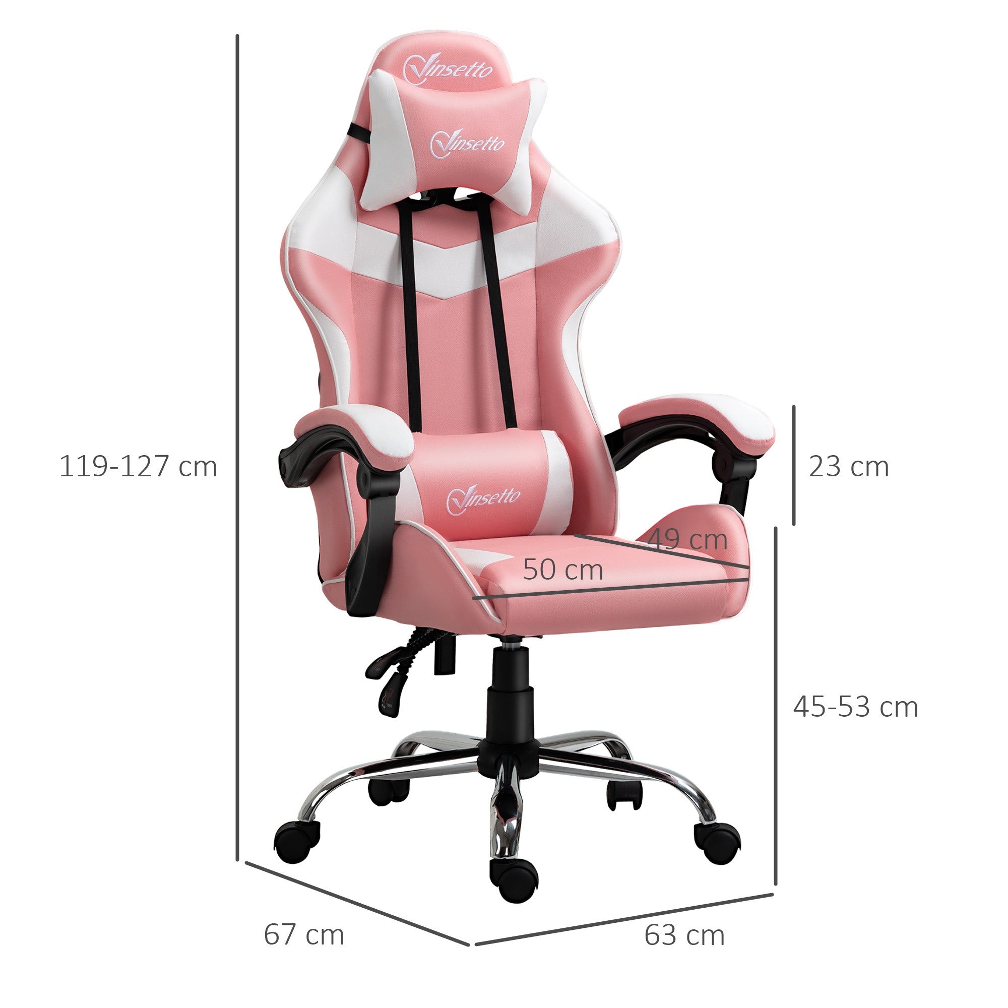 Easycomfort Sedia da Gaming Ergonomica con Poggiatesta, Altezza Regolabile e Reclinabile, Poltrona Girevole con Ruote, 63x67x119-127cm, Rosa