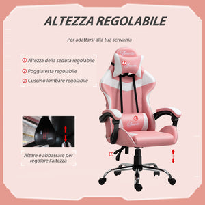 Easycomfort Sedia da Gaming Ergonomica con Poggiatesta, Altezza Regolabile e Reclinabile, Poltrona Girevole con Ruote, 63x67x119-127cm, Rosa