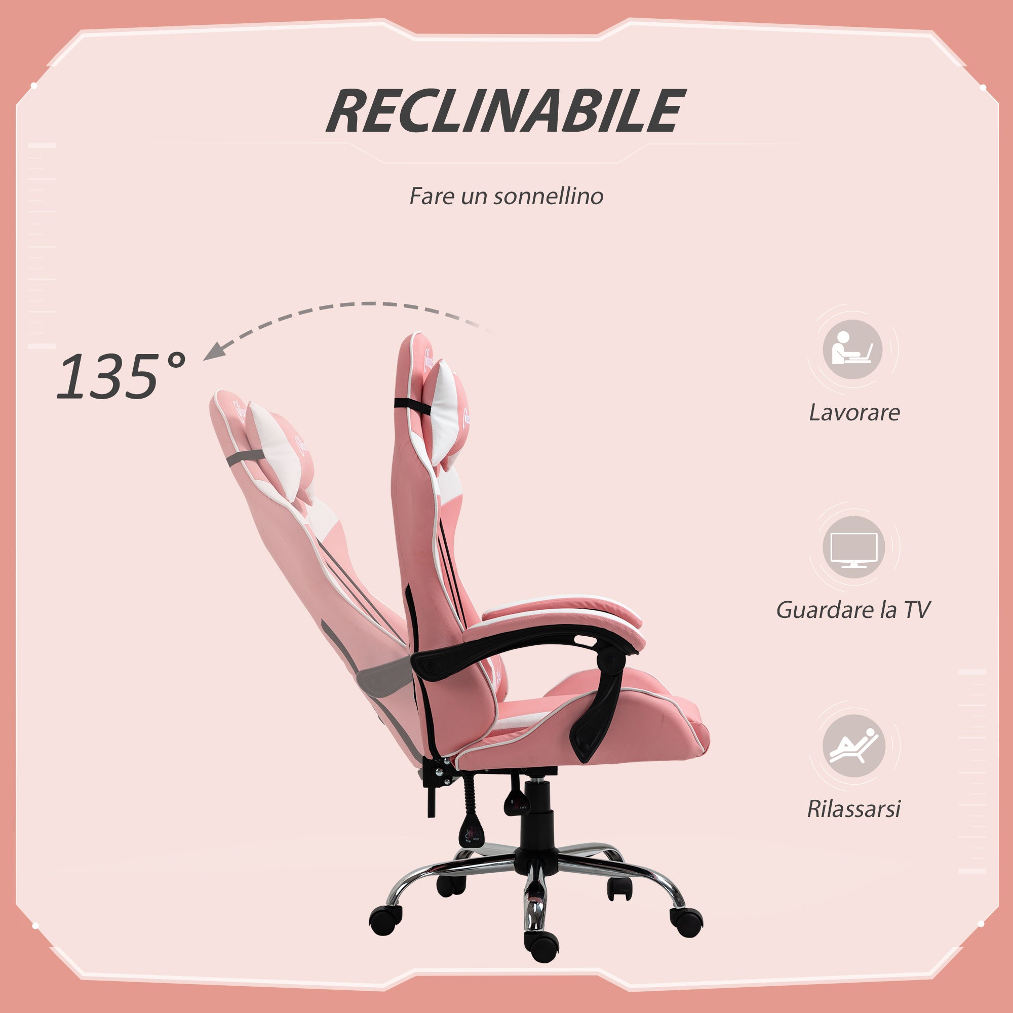 Easycomfort Sedia da Gaming Ergonomica con Poggiatesta, Altezza Regolabile e Reclinabile, Poltrona Girevole con Ruote, 63x67x119-127cm, Rosa