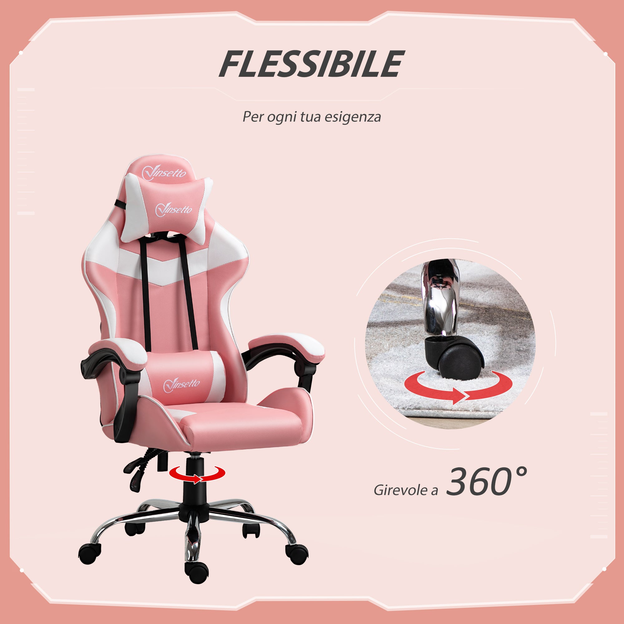 Easycomfort Sedia da Gaming Ergonomica con Poggiatesta, Altezza Regolabile e Reclinabile, Poltrona Girevole con Ruote, 63x67x119-127cm, Rosa