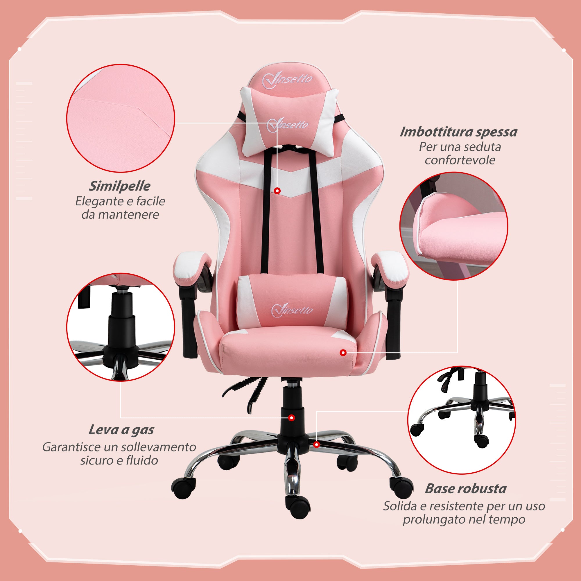 Easycomfort Sedia da Gaming Ergonomica con Poggiatesta, Altezza Regolabile e Reclinabile, Poltrona Girevole con Ruote, 63x67x119-127cm, Rosa