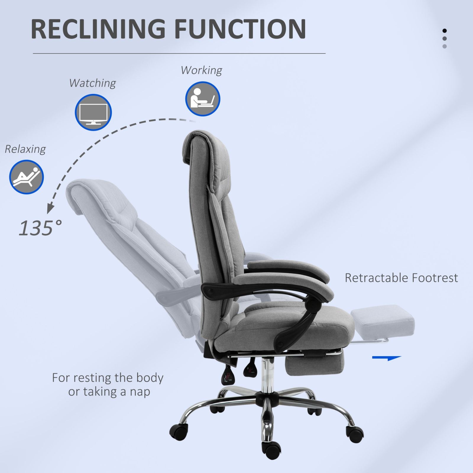 EasyComfort Sedia da Ufficio Ergonomica Girevole, Sedia da Scrivania con Rotelle, Poggiapiedi Retrattile e Reclinabile 135°, Altezza Regolabile, Grigio