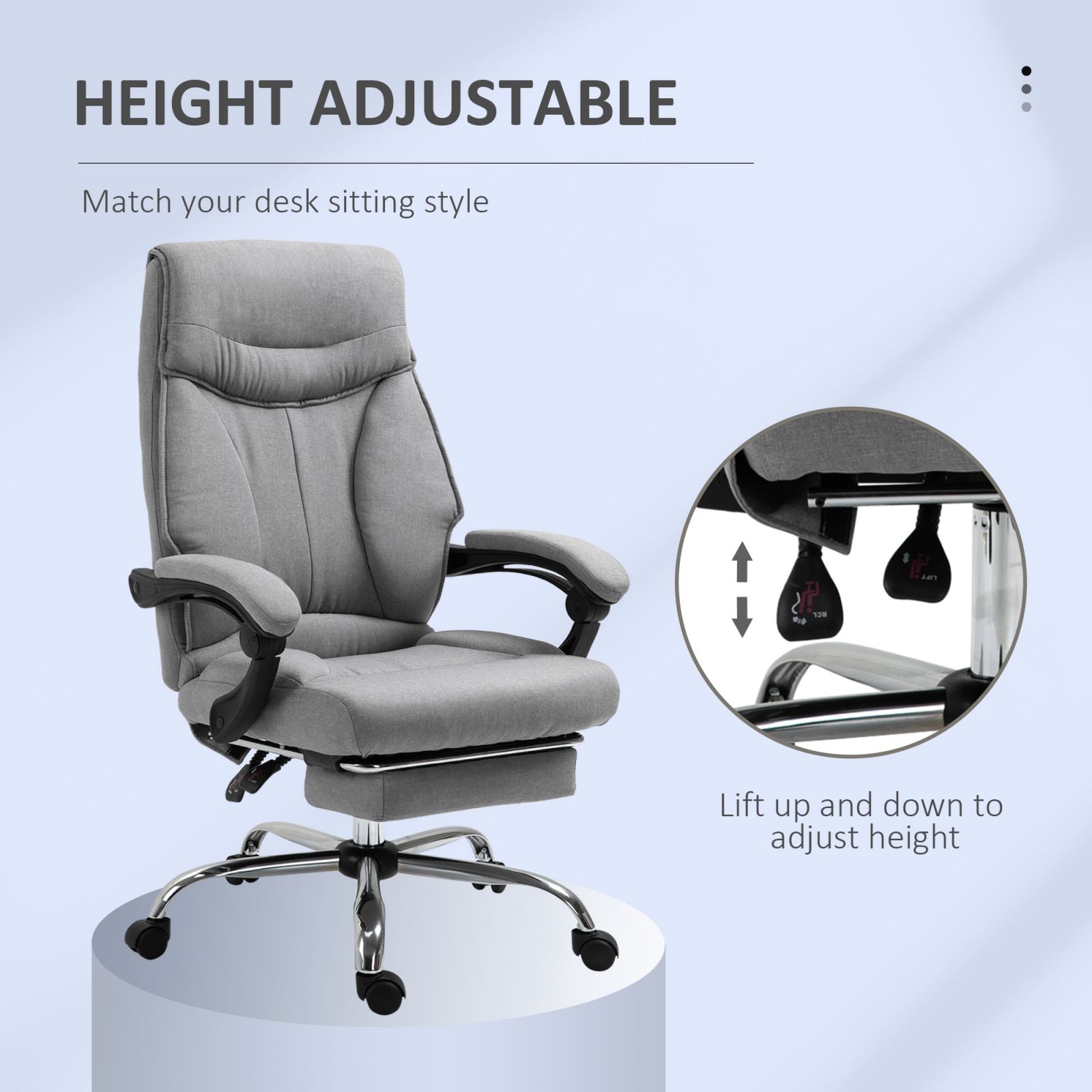 EasyComfort Sedia da Ufficio Ergonomica Girevole, Sedia da Scrivania con Rotelle, Poggiapiedi Retrattile e Reclinabile 135°, Altezza Regolabile, Grigio