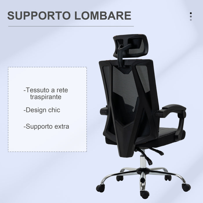 EASYCOMFORT  Sedia da Ufficio Ergonomica con Supporto Lombare e Cervicale, Altezza Regolabile e Inclinazione, 58x62.5x112-120cm - Nero