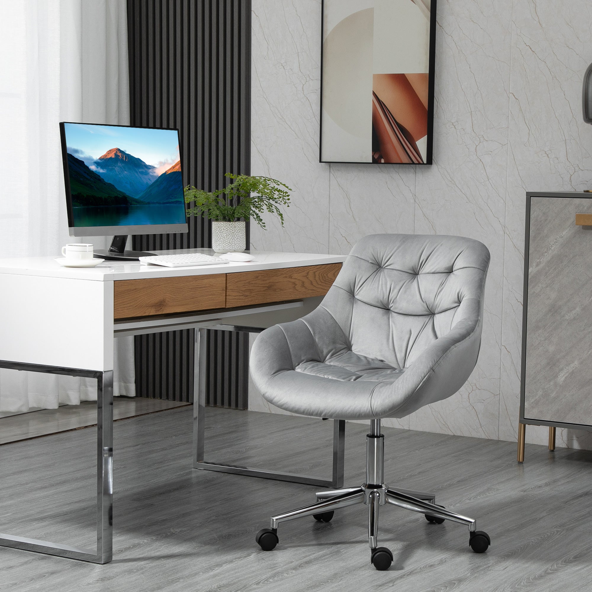 EasyComfort Sedia da Ufficio Ergonomica Girevole con Altezza Regolabile e Ruote, Rivestimento in Velluto - Grigio