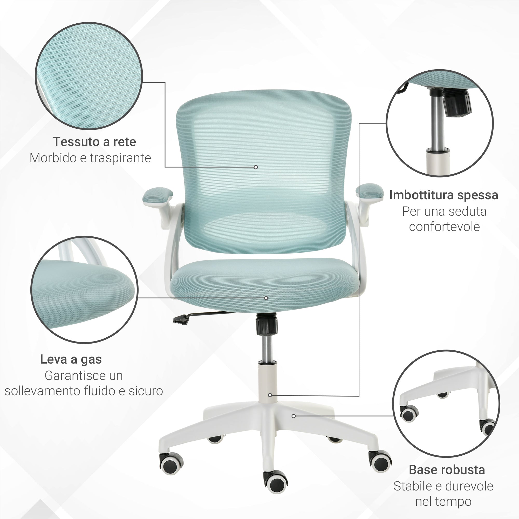 EASYCOMFORT  Sedia da Ufficio Ergonomica con Schienale a Rete e Seduta Imbottita, Altezza Regolabile, 65.5x61.5x88-97.5cm, Azzurro